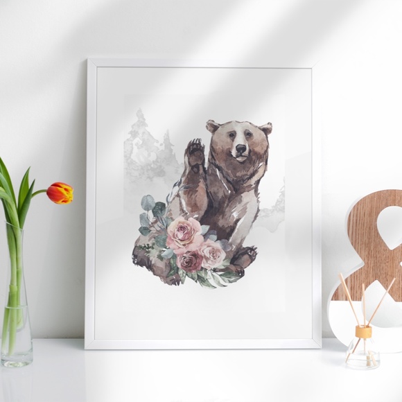 Watercolor Floral Bear Wall Art Print Poster Unframed - Picture 4 of 10